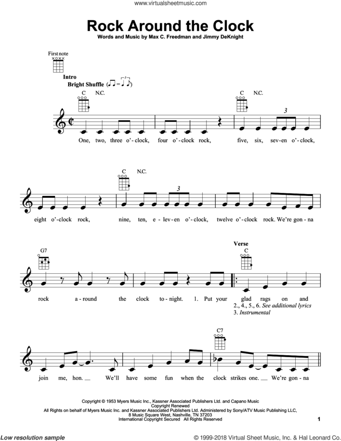 Rock Around The Clock sheet music for ukulele by Bill Haley & His Comets, Jimmy DeKnight and Max C. Freedman, intermediate skill level