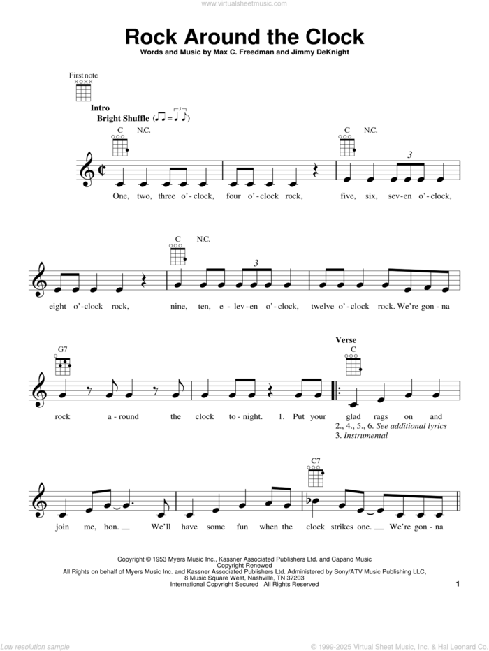 Rock Around The Clock sheet music for ukulele by Bill Haley & His Comets, Jimmy DeKnight and Max C. Freedman, intermediate skill level