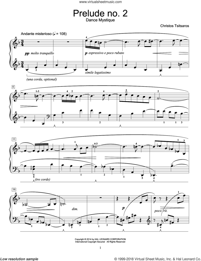 Prelude No. 2 - Dance Mystique sheet music for piano solo (elementary) by Christos Tsitsaros, classical score, beginner piano (elementary)
