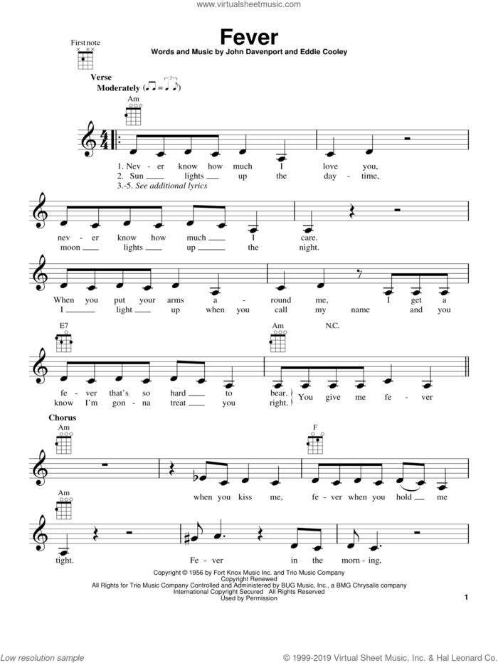 Fever sheet music for ukulele by Peggy Lee, Eddie Cooley and John Davenport, intermediate skill level