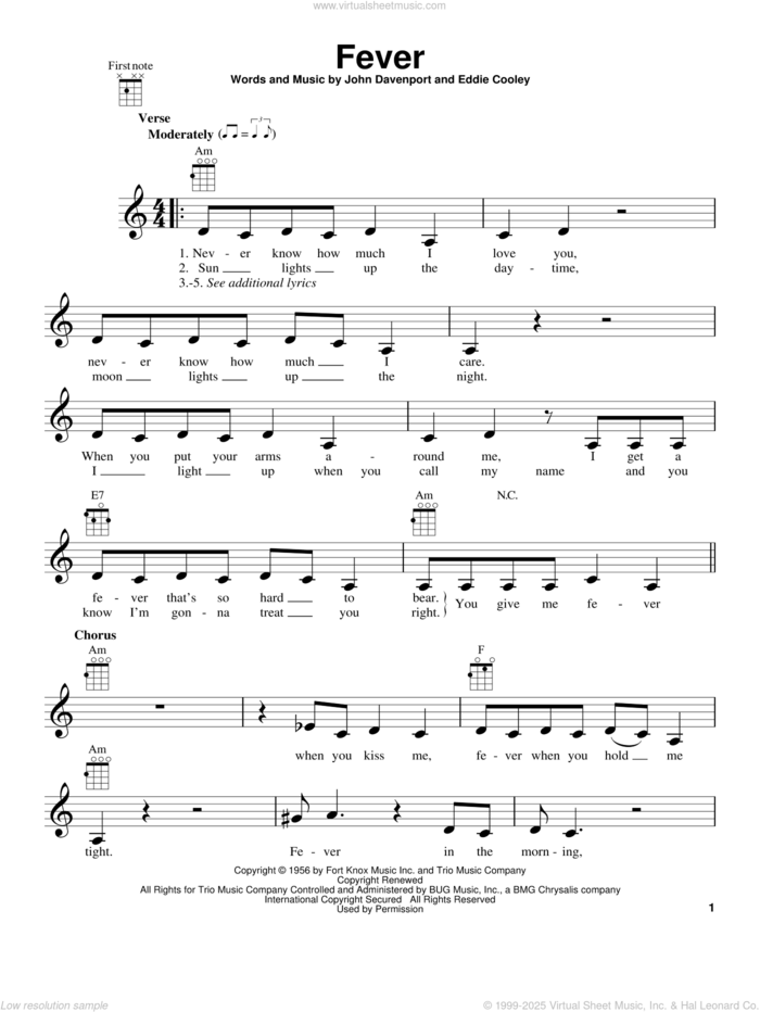 Fever sheet music for ukulele by Peggy Lee, Eddie Cooley and John Davenport, intermediate skill level