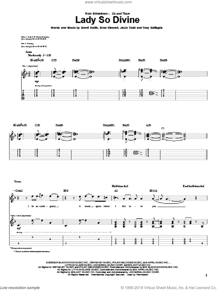 Lady So Devine sheet music for guitar (tablature) by Shinedown, Brad Stewart, Brent Smith, Jasin Todd and Tony Battaglia, intermediate skill level