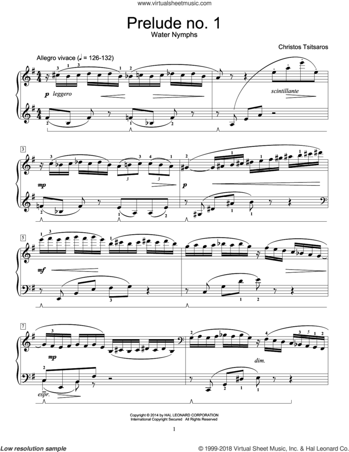 Prelude No. 1 - Water Nymphs sheet music for piano solo (elementary) by Christos Tsitsaros, classical score, beginner piano (elementary)