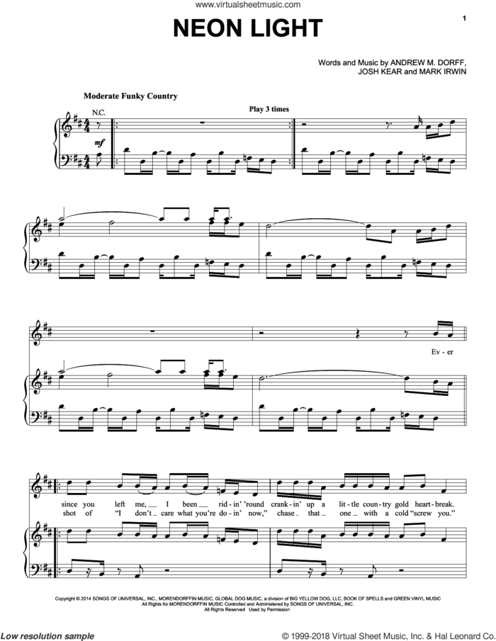 Neon Light sheet music for voice, piano or guitar by Blake Shelton, Andrew M. Dorff, Josh Kear and Mark Irwin, intermediate skill level