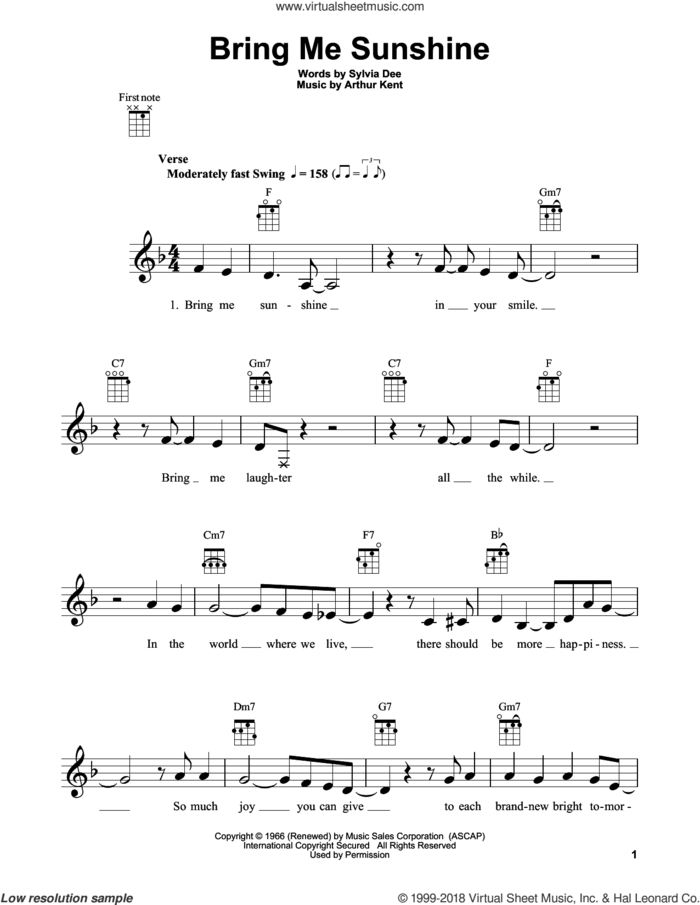 Bring Me Sunshine sheet music for ukulele by Willie Nelson, Arthur Kent and Sylvia Dee, intermediate skill level