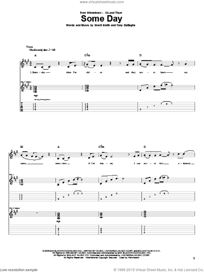 Some Day sheet music for guitar (tablature) by Shinedown, Brent Smith and Tony Battaglia, intermediate skill level