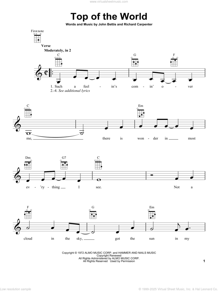 Top Of The World sheet music for ukulele by Carpenters, John Bettis and Richard Carpenter, intermediate skill level