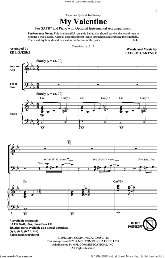 My Valentine sheet music for choir (SATB: soprano, alto, tenor, bass) by Paul McCartney and Ed Lojeski, intermediate skill level