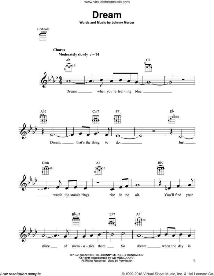 Dream sheet music for ukulele by Frank Sinatra and Johnny Mercer, intermediate skill level
