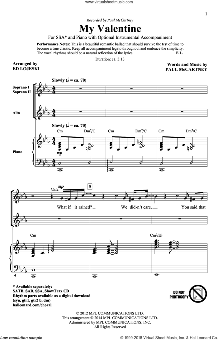 My Valentine sheet music for choir (SSA: soprano, alto) by Paul McCartney and Ed Lojeski, intermediate skill level
