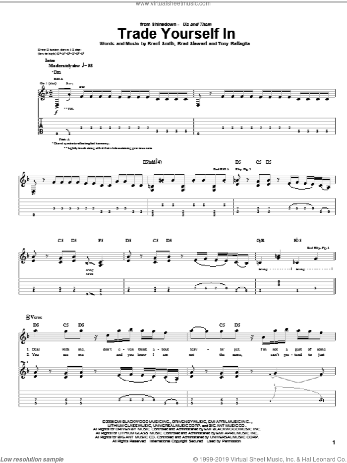 Trade Yourself In sheet music for guitar (tablature) by Shinedown, Brad Stewart, Brent Smith and Tony Battaglia, intermediate skill level