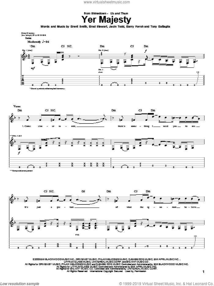 Yer Majesty sheet music for guitar (tablature) by Shinedown, Barry Kerch, Brad Stewart, Brent Smith, Jasin Todd and Tony Battaglia, intermediate skill level