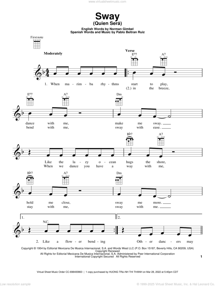 Sway (Quien Sera) sheet music for ukulele by Dean Martin, Norman Gimbel and Pablo Beltran Ruiz, intermediate skill level