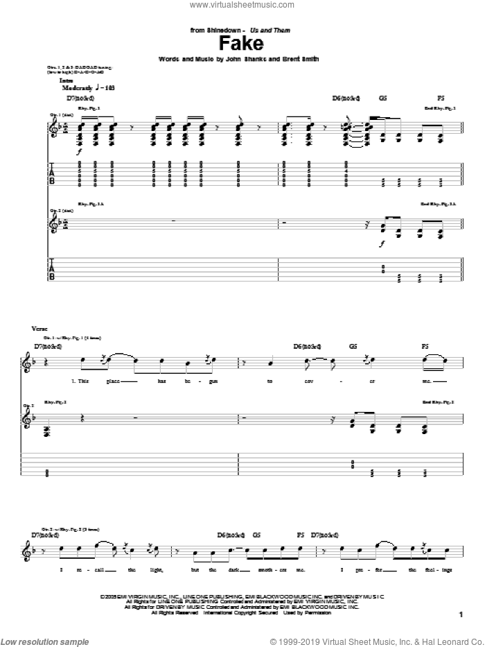 Fake sheet music for guitar (tablature) by Shinedown, Brent Smith and John Shanks, intermediate skill level