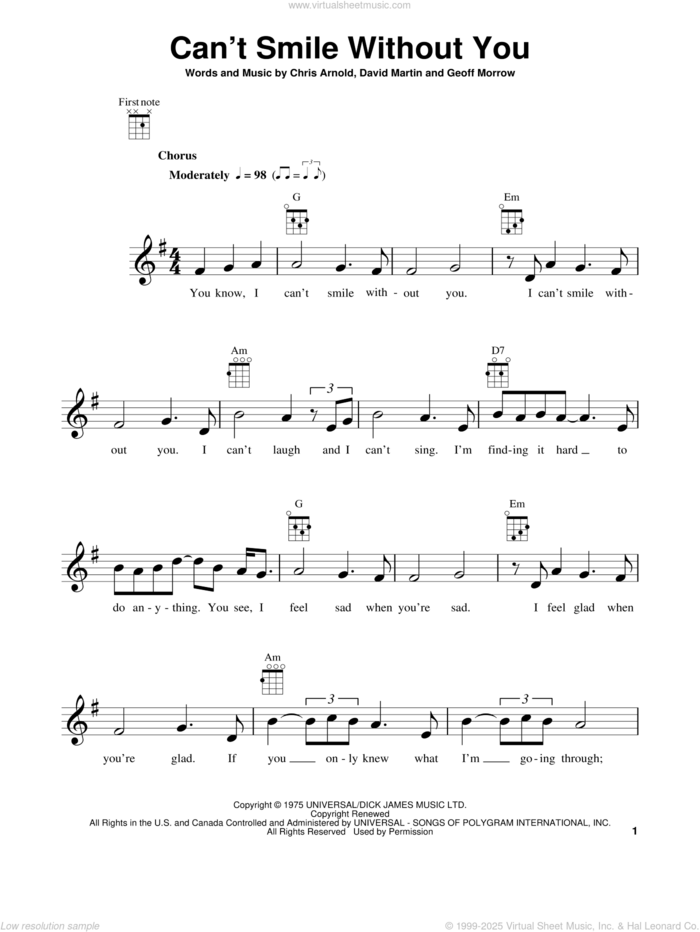 Can't Smile Without You sheet music for ukulele by Barry Manilow, Chris Arnold, David Martin and Geoff Morrow, intermediate skill level