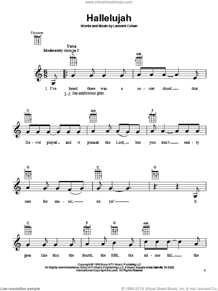 Hallelujah sheet music for ukulele by Leonard Cohen, Justin Timberlake & Matt Morris featuring Charlie Sexton and Lee DeWyze, wedding score, intermediate skill level