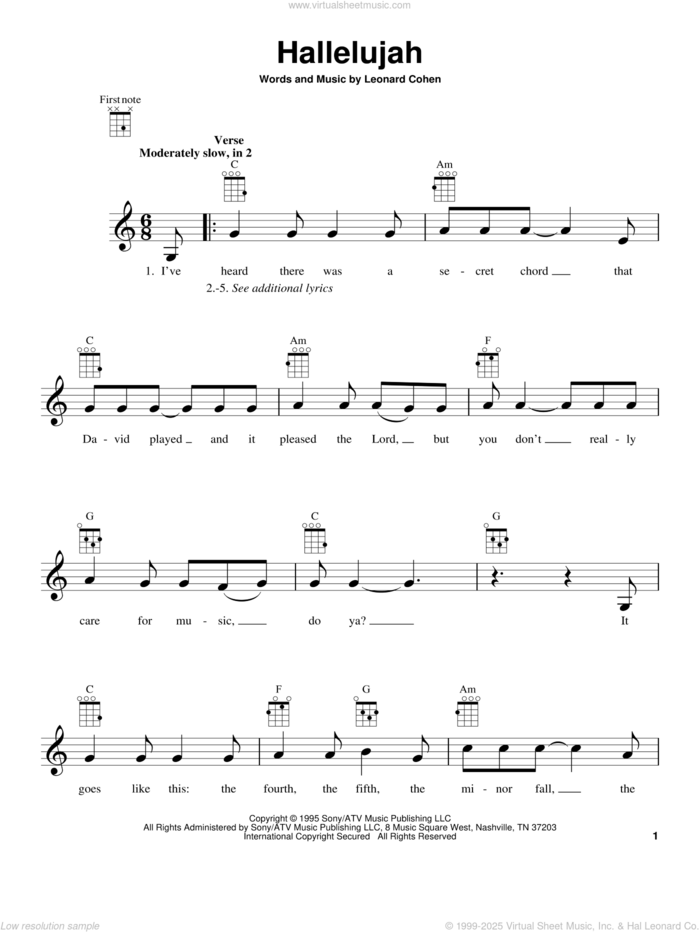 Hallelujah sheet music for ukulele by Leonard Cohen, Justin Timberlake & Matt Morris featuring Charlie Sexton and Lee DeWyze, wedding score, intermediate skill level