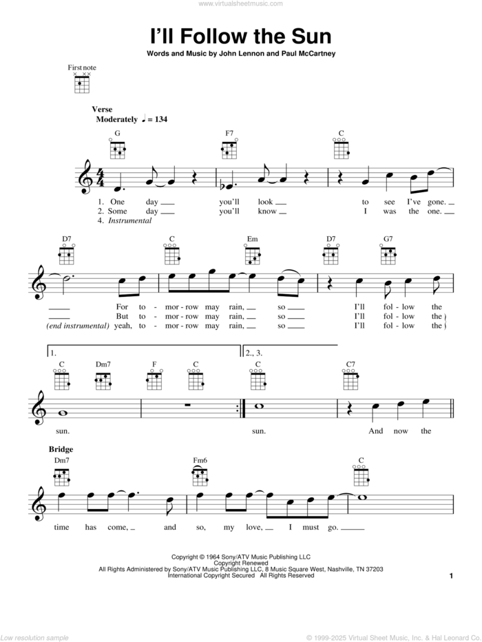 I'll Follow The Sun sheet music for ukulele by The Beatles, John Lennon and Paul McCartney, intermediate skill level