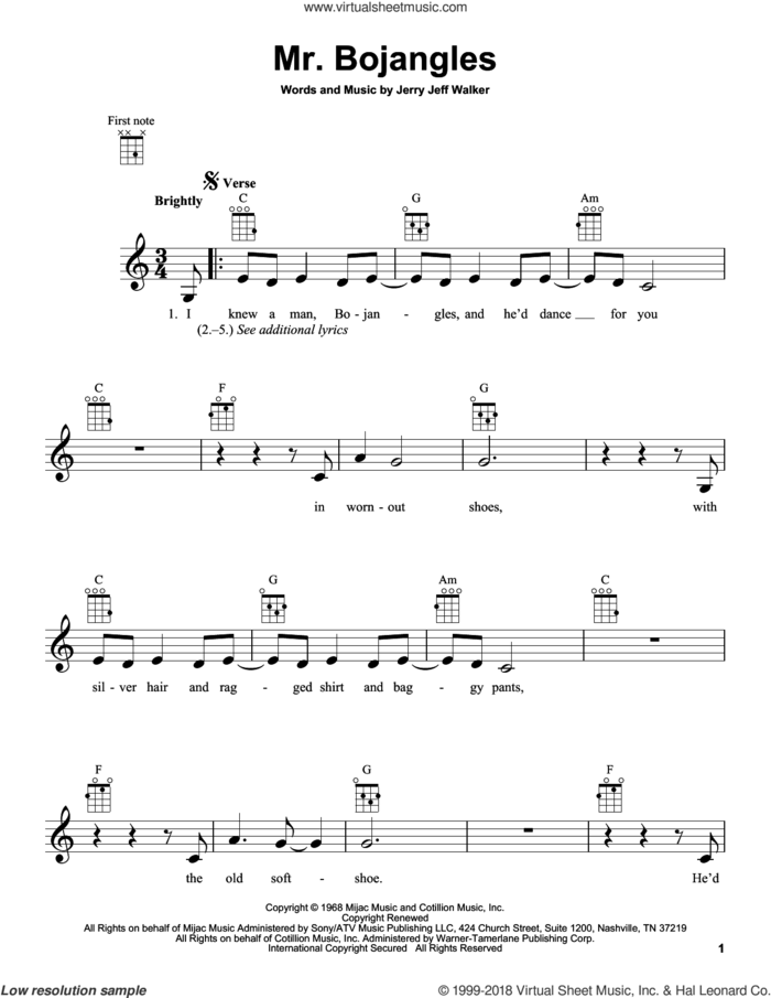 Mr. Bojangles sheet music for ukulele by Jerry Jeff Walker and Sammy Davis, Jr., intermediate skill level