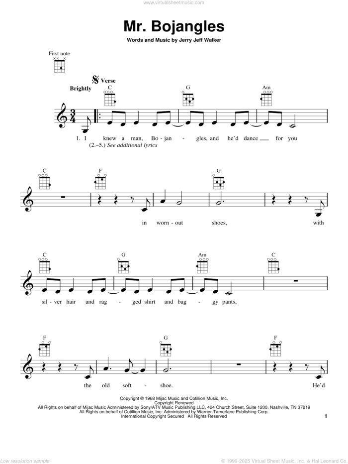 Mr. Bojangles sheet music for ukulele by Jerry Jeff Walker and Sammy Davis, Jr., intermediate skill level