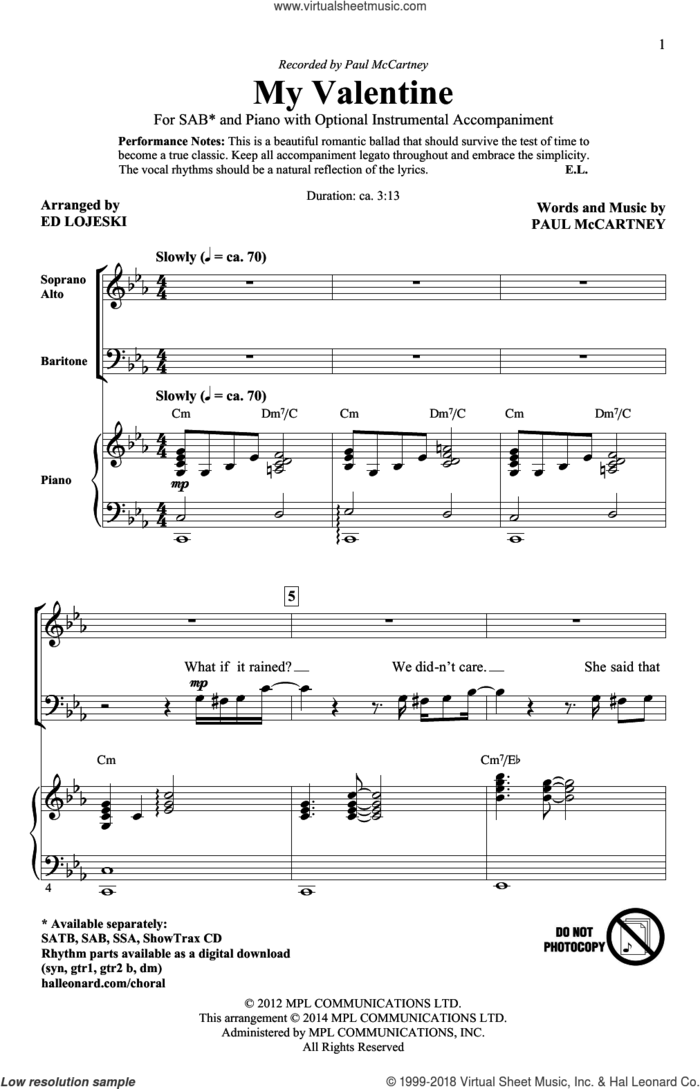 My Valentine sheet music for choir (SAB: soprano, alto, bass) by Paul McCartney and Ed Lojeski, intermediate skill level