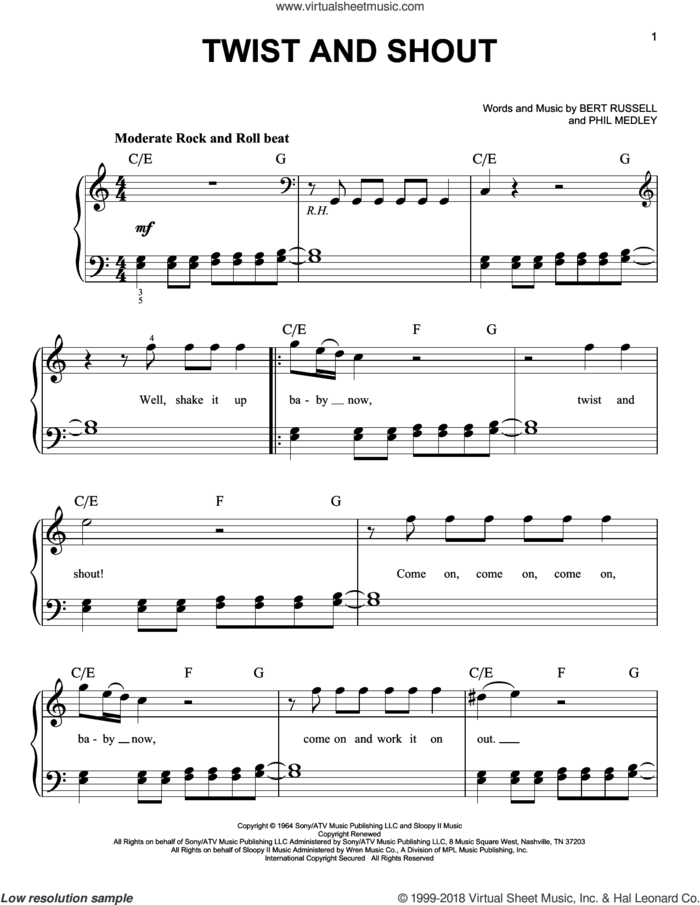Twist And Shout, (easy) sheet music for piano solo by The Beatles, Adam Perlmutter, The Isley Brothers, Bert Russell and Phil Medley, easy skill level