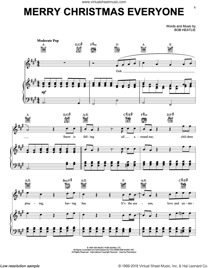 Merry Christmas Everyone sheet music for voice, piano or guitar by Bob Heatlie, intermediate skill level
