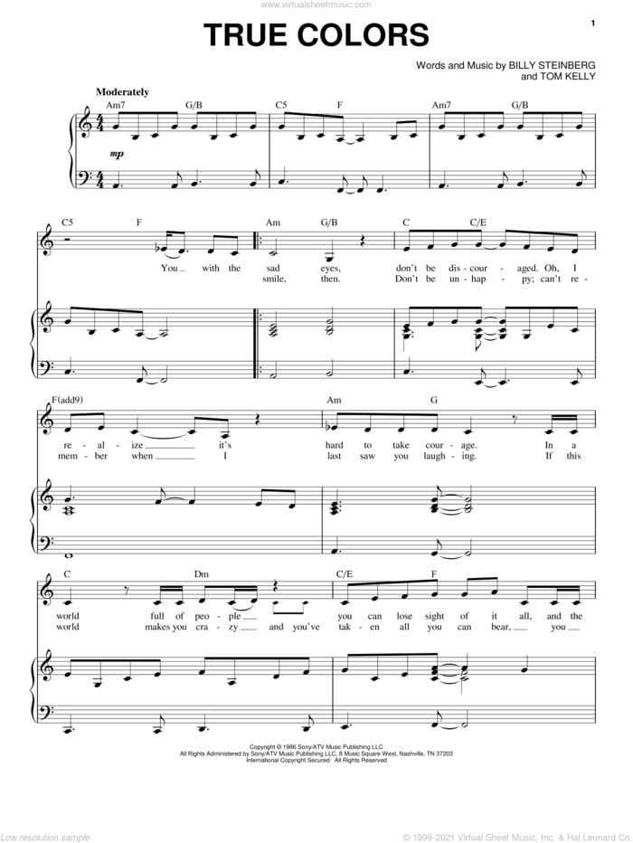 True Colors sheet music for voice and piano by Cyndi Lauper, Phil Collins, Billy Steinberg and Tom Kelly, intermediate skill level