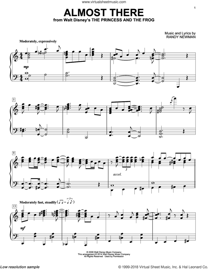 Almost There (from The Princess and the Frog), (intermediate) sheet music for piano solo by Randy Newman, intermediate skill level
