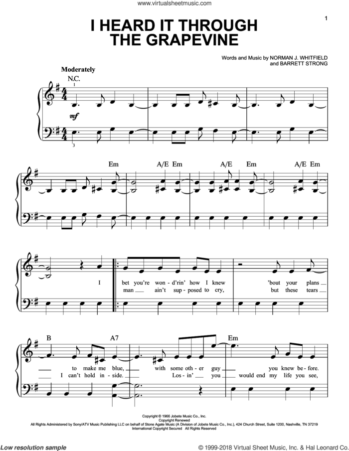 I Heard It Through The Grapevine sheet music for piano solo by Marvin Gaye, Adam Perlmutter, Creedence Clearwater Revival, Gladys Knight & The Pips, Michael McDonald, Barrett Strong and Norman Whitfield, beginner skill level