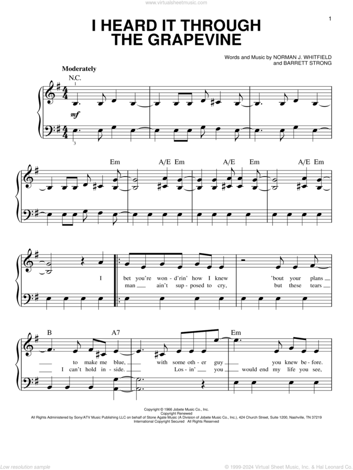 I Heard It Through The Grapevine, (beginner) sheet music for piano solo by Marvin Gaye, Adam Perlmutter, Creedence Clearwater Revival, Gladys Knight & The Pips, Michael McDonald, Barrett Strong and Norman Whitfield, beginner skill level