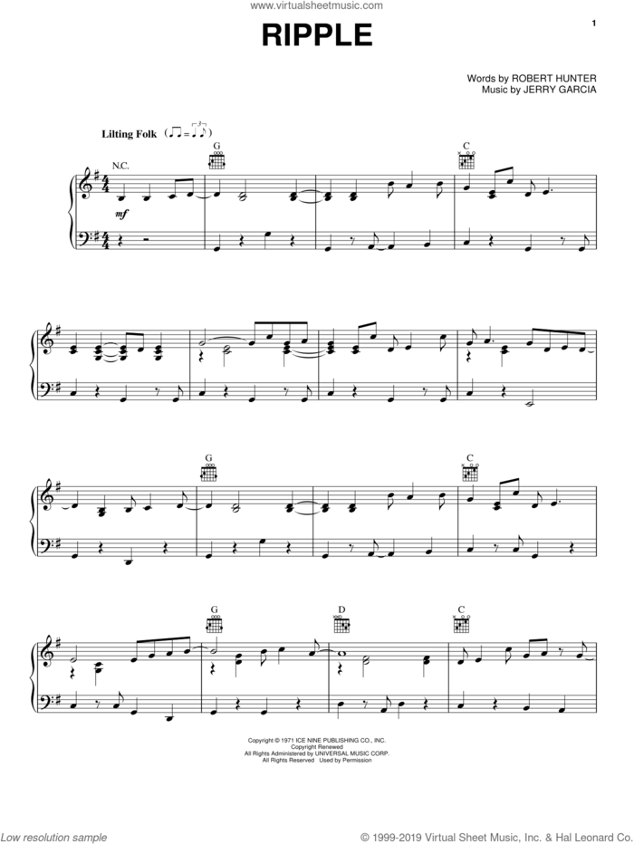 Ripple sheet music for voice, piano or guitar by Grateful Dead, Jerry Garcia and Robert Hunter, intermediate skill level