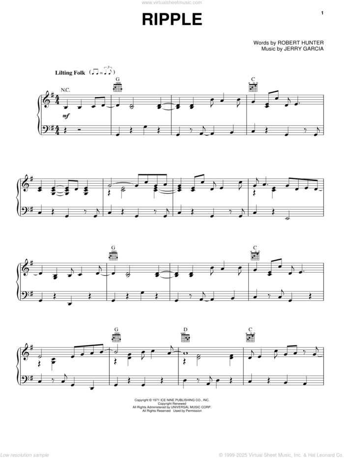 Ripple sheet music for voice, piano or guitar by Grateful Dead, Jerry Garcia and Robert Hunter, intermediate skill level