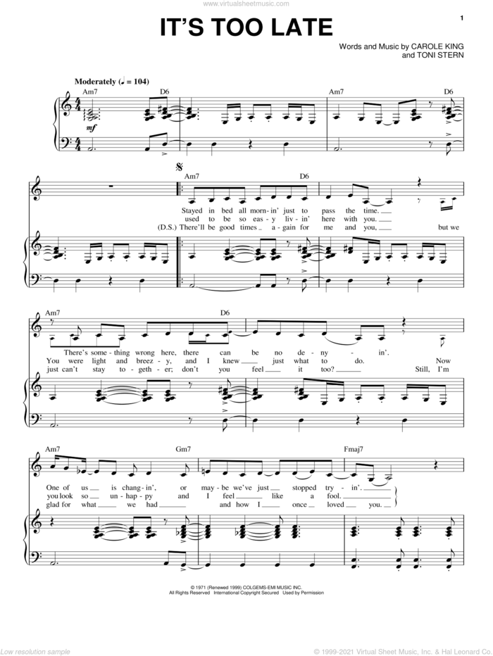 It's Too Late sheet music for voice and piano by Carole King, Gloria Estefan and Toni Stern, intermediate skill level