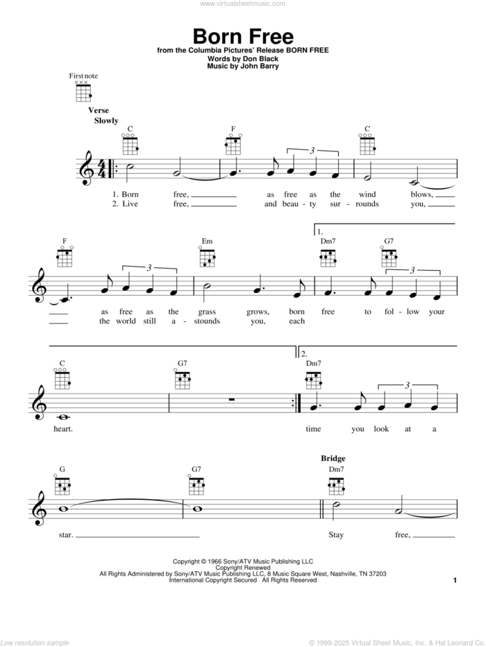 Born Free sheet music for ukulele by Roger Williams, Don Black and John Barry, intermediate skill level