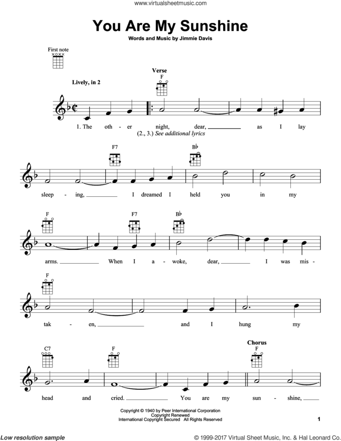 You Are My Sunshine sheet music for ukulele by Jimmie Davis, Duane Eddy and Ray Charles, intermediate skill level