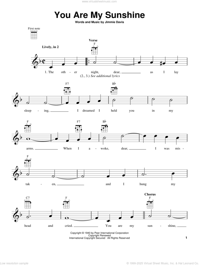 You Are My Sunshine sheet music for ukulele by Jimmie Davis, Duane Eddy and Ray Charles, intermediate skill level