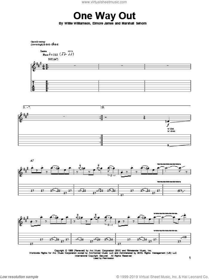 One Way Out sheet music for guitar (tablature, play-along) by Allman Brothers Band, Elmore James, Marshall Sehorn and Willie Williamson, intermediate skill level