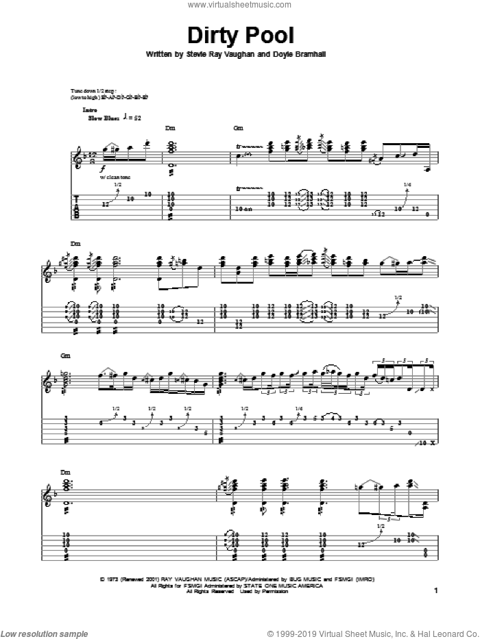Dirty Pool sheet music for guitar (tablature, play-along) by Stevie Ray Vaughan and Doyle Bramhall, intermediate skill level