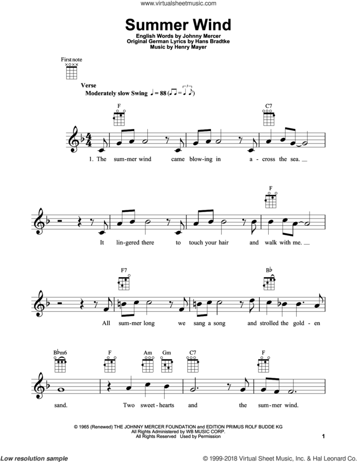 Summer Wind sheet music for ukulele by Frank Sinatra, Hans Bradtke, Henry Mayer and Johnny Mercer, intermediate skill level
