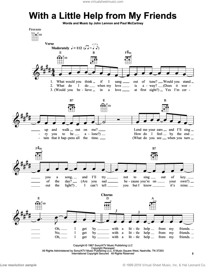 With A Little Help From My Friends sheet music for ukulele by The Beatles, Joe Cocker, Sam And Mark, John Lennon and Paul McCartney, intermediate skill level