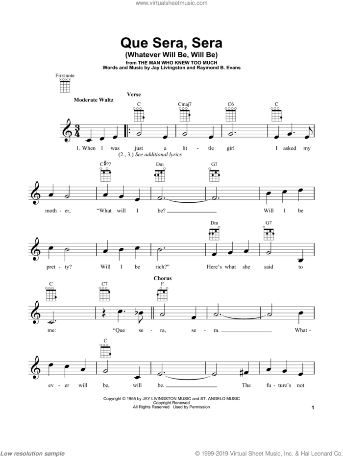Que Sera, Sera (Whatever Will Be, Will Be) sheet music for ukulele by Doris Day, Jay Livingston and Raymond B. Evans, intermediate skill level