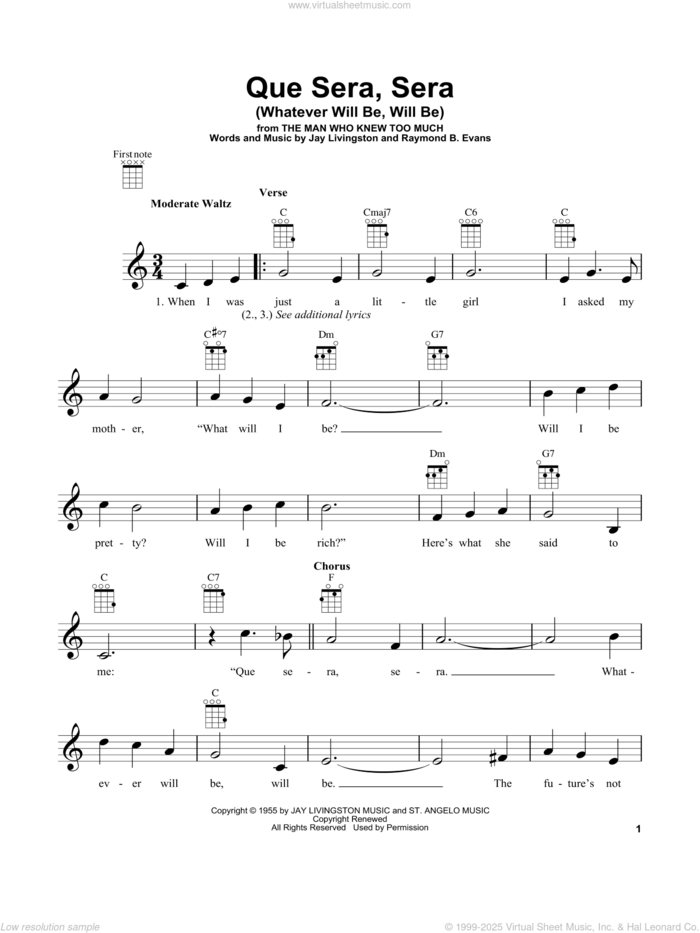 Que Sera, Sera (Whatever Will Be, Will Be) sheet music for ukulele by Doris Day, Jay Livingston and Raymond B. Evans, intermediate skill level