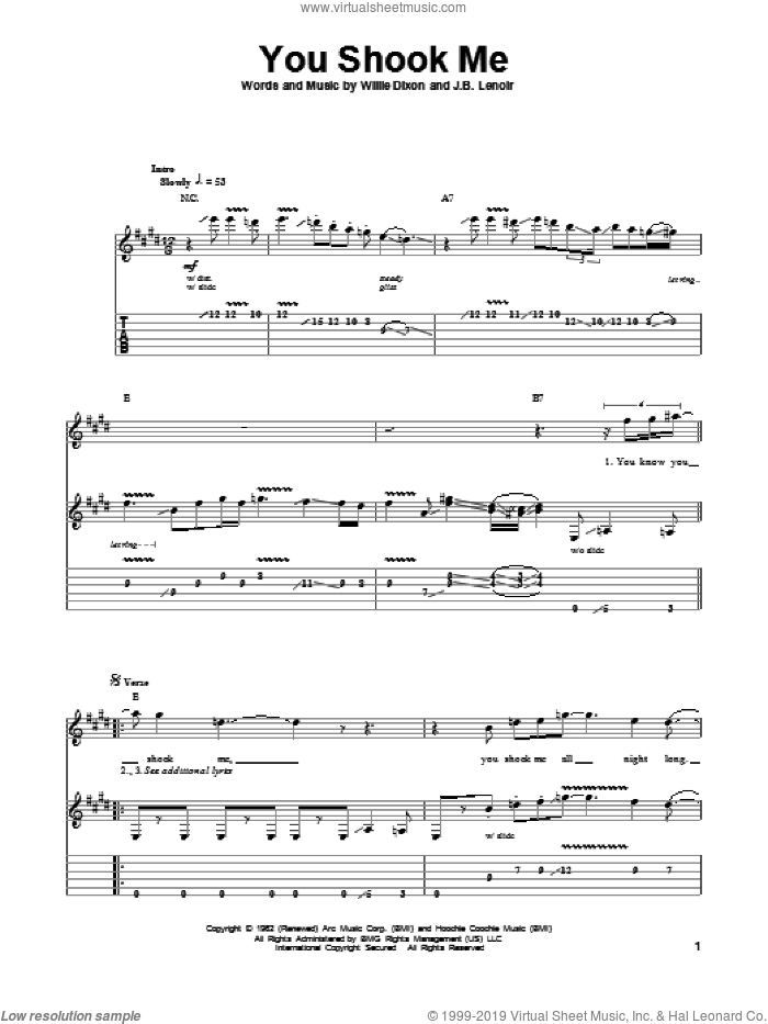 You Shook Me sheet music for guitar (tablature, play-along) by Led Zeppelin, Muddy Waters, J.B. Lenoir and Willie Dixon, intermediate skill level