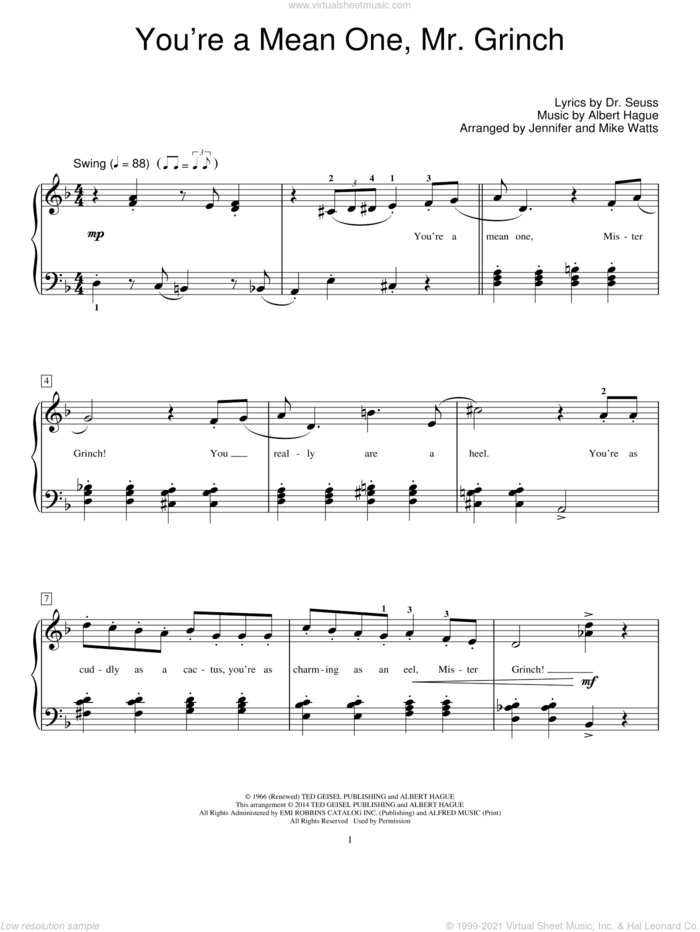 You're A Mean One, Mr. Grinch sheet music for piano solo (elementary) by Albert Hague, Jennifer Watts, Mike Watts and Dr. Seuss, beginner piano (elementary)