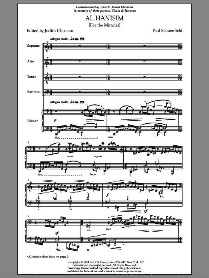 Al Hanissim sheet music for choir (SATB: soprano, alto, tenor, bass) by Judith Clurman, Paul Schoenfeld and Paul Schoenfield, intermediate skill level