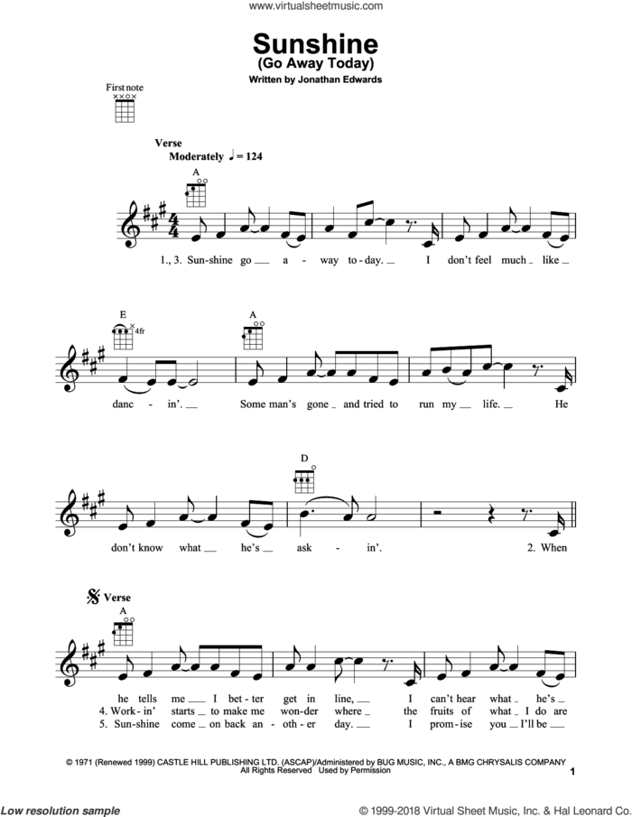 Sunshine (Go Away Today) sheet music for ukulele by Jonathan Edwards, intermediate skill level