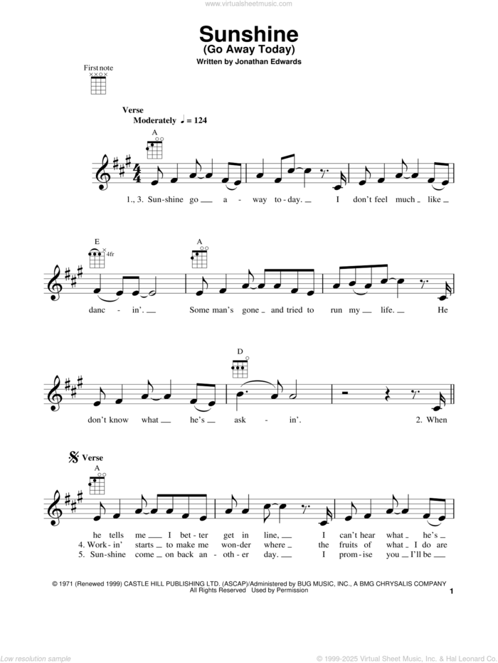 Sunshine (Go Away Today) sheet music for ukulele by Jonathan Edwards, intermediate skill level