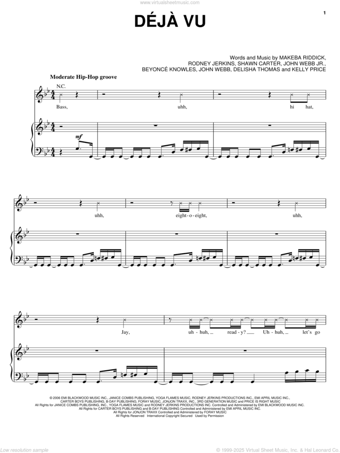 Deja Vu sheet music for voice, piano or guitar by Beyonce, Jay-Z, Delisha Thomas, John Webb Jr, Kelly Price, Makeba Riddick, Rodney Jerkins and Shawn Carter, intermediate skill level