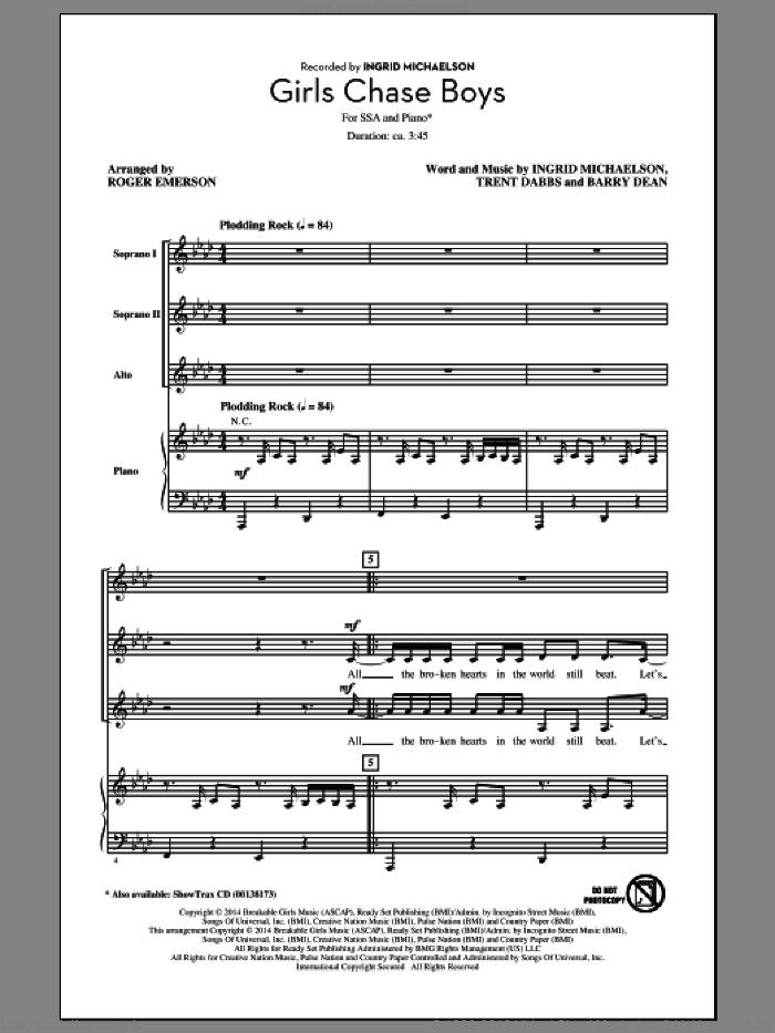 Girls Chase Boys sheet music for choir (SSA: soprano, alto) by Ingrid Michaelson, Roger Emerson, Barry Dean and Trent Dabbs, intermediate skill level